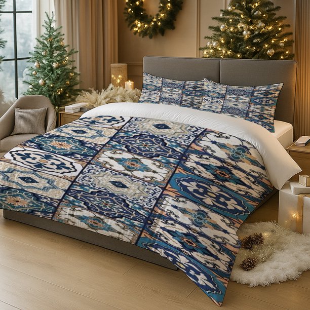 3pcs Moroccan Tile Theme Digital Print Bedding Set | Polyester Anti-Pilling