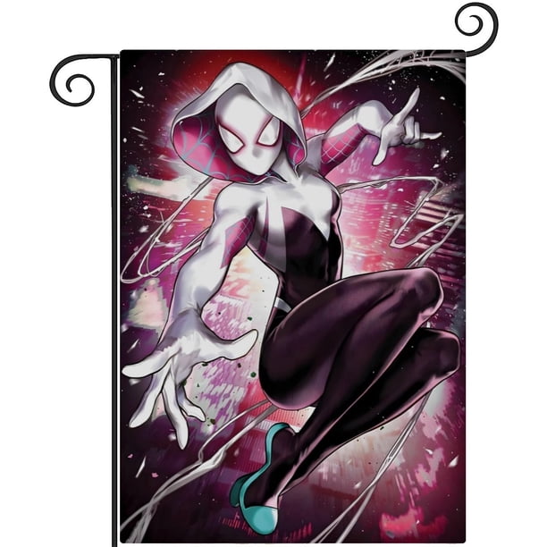 Gwen: Mujer Araña-bandera de jardín temática. Regalo perfecto para fans, amigos y familiares, ideal para actividades al aire libre y decoración de fiestas.28CM*45CM
