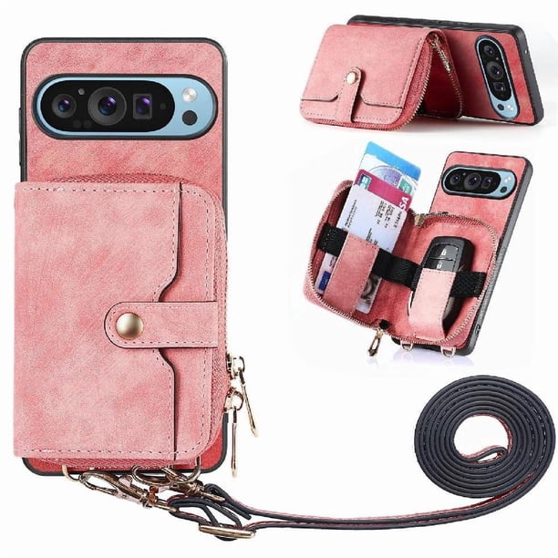 Funda Tipo Cartera con Correa Cruzada para Google Pixel 9 Pro XL Protección Contra Golpes Rosa