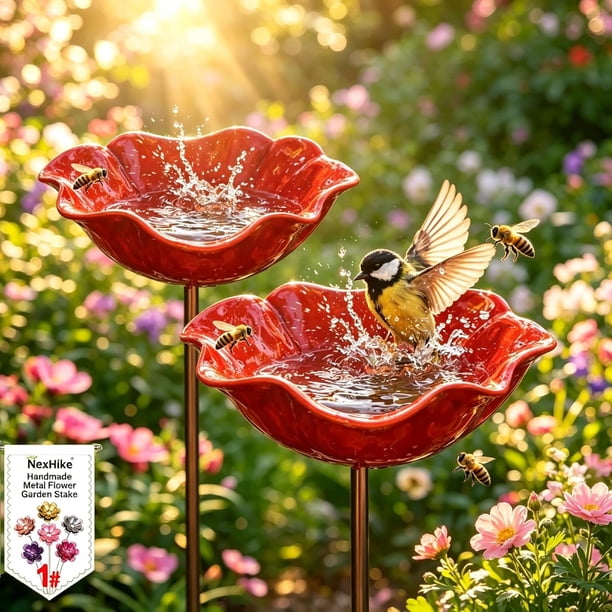 Estaca flor metal hecha mano baño pájaros comedero agua mariposas césped decoración jardín