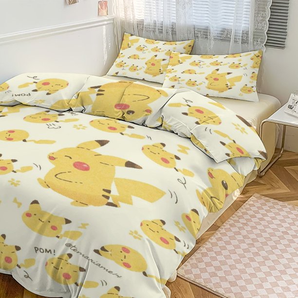 Pik_achu Print Bedding Set Pattern Duvet Cove Set 3 Pieces 1 Quilt Cover And 2 Pillowcases for Women Men Teens