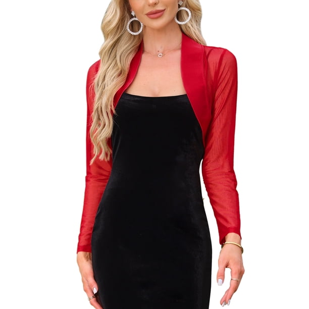 Chaqueta de satén para vestidos de noche de mujer, cubierta formal de malla, abierta al frente, manga larga, bolero corto XL Rojo