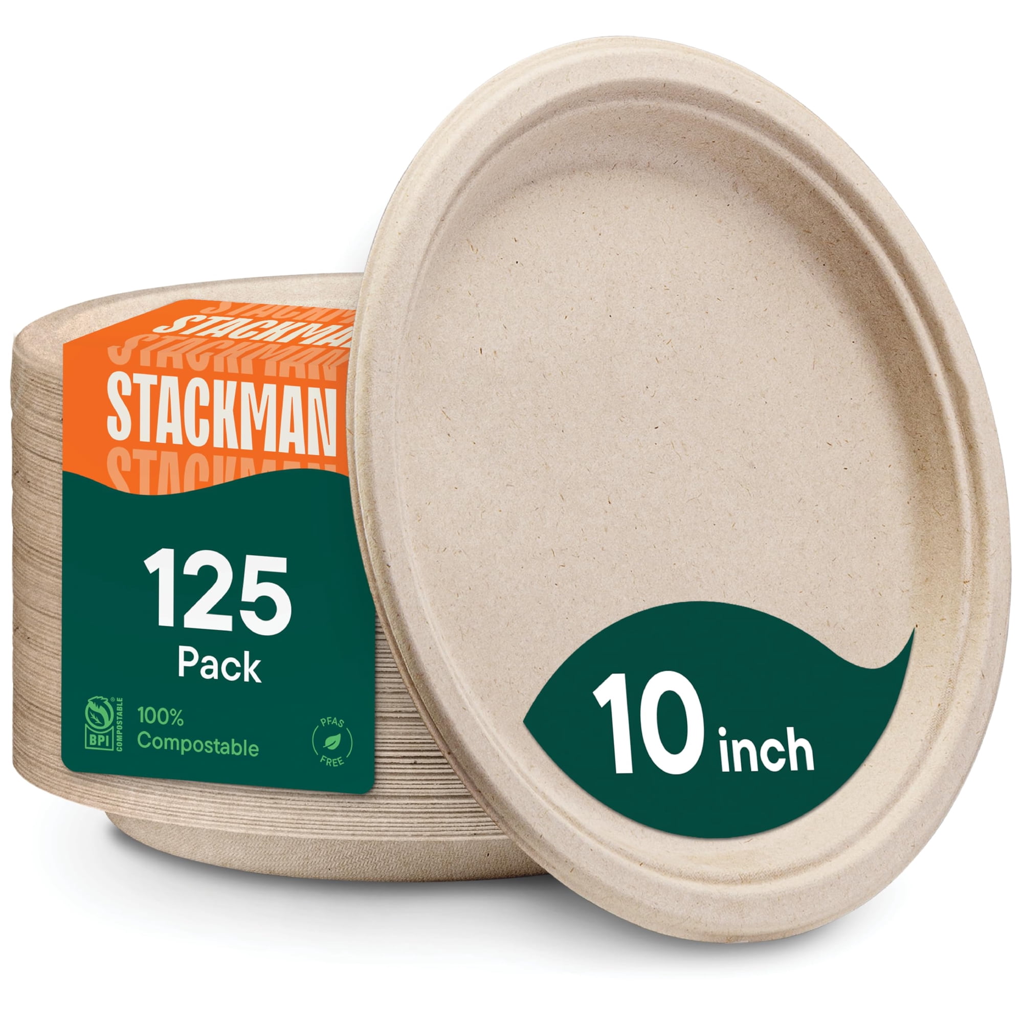 Platos De Papel Stack Man, 25 Cm, 125 Unidades, Bagazo Compostable