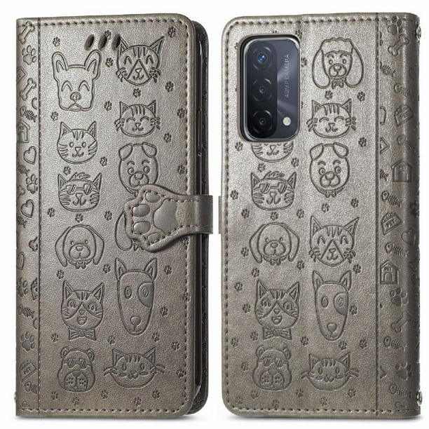 Funda Cartera FOXDOCK para OPPO A54 5G , Flip PU con Relieve de Gatos y Perros, Tarjetero y Soporte
