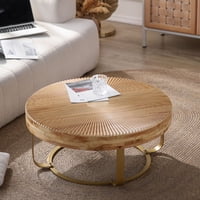 M&Ms - Modern Round Coffee Table Wooden Carving Pattern Coffee Table With Metal Legs For Living Room Reception Room Office Golden