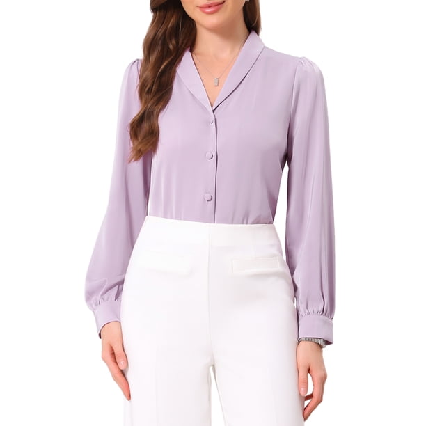 INSPIRE CHIC Body de Satén para Mujer con Elegante Cuello de Chal Manga de Linterna Camisa Abotonada para Oficina Talla M Lavanda