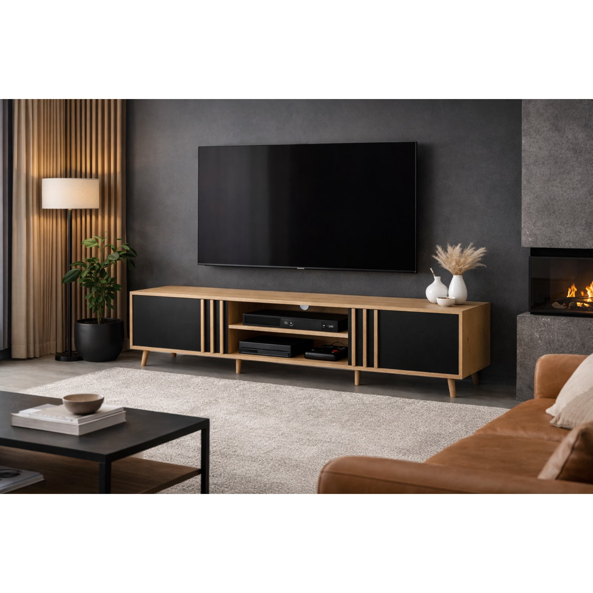 Space Home - Rack Tv Estilo Nórdico De 32" A 80" Madera Con Negro 180cm