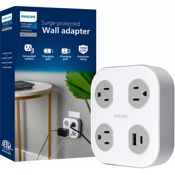 Adaptador Philips 3 Tomas 1 USB-A 1 USB-C 1350 J