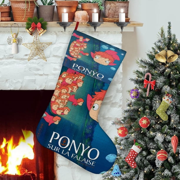 Ponyo en el Acantilado Tema: Calcetines de Navidad, fino lino blanco para colgar en escaleras y chimenea, decoración navideña para el hogar, regalo de Navidad.54cm×38cm