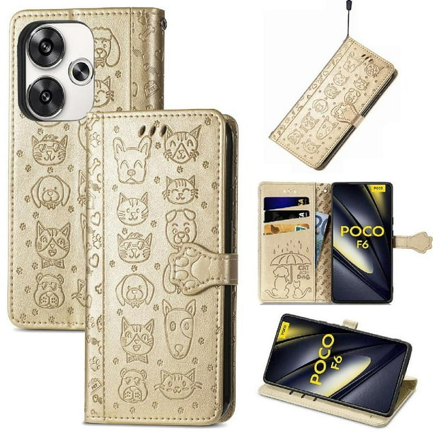 Funda Cartera FOXDOCK para Xiaomi Poco F6 5G , Flip PU con Relieve de Gatos y Perros, Tarjetero y Soporte