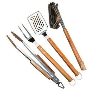 Set Parrilla Asado 4 Piezas Acero Inox Madera Austin Kawi®