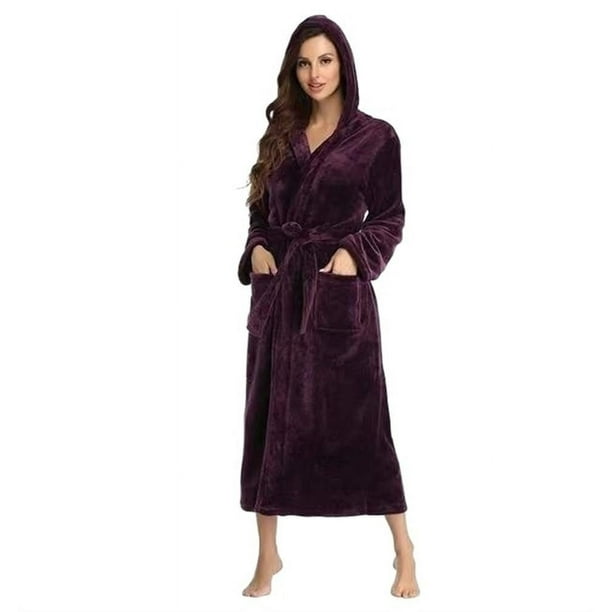 Bata De Baño Con Capucha Para Mujer De Invierno Grueso Cálido Violeta Oscuro