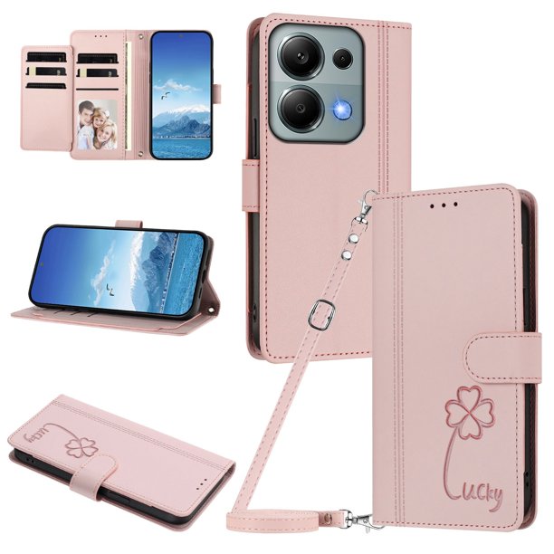 Funda Cartera Trébol para Xiaomi Poco M6 Pro 4G con Ranuras Tarjetas y Carga Inalámbrica Rosa