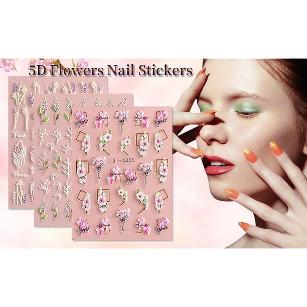 3 sheets 5D Embossed Flower Nail Art Stickers - Self-Adhesive Design for Women's Nail Decoration - Spring Flower Nail Stickers - Nail Art Supplies and Accessories