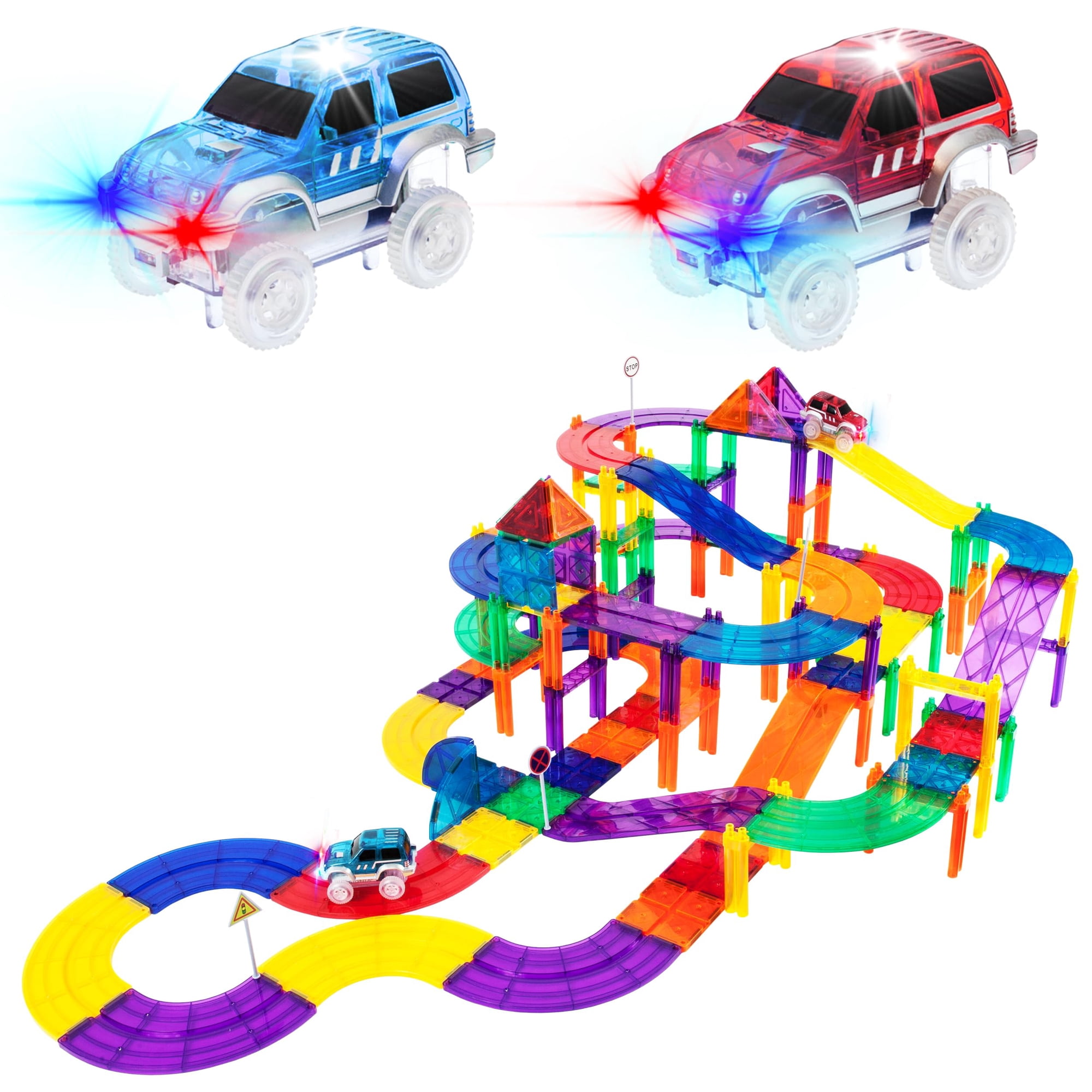 Picasso Tiles - Set De Pista De Carreras 100 Unidades Con 2 Led Cars 3+