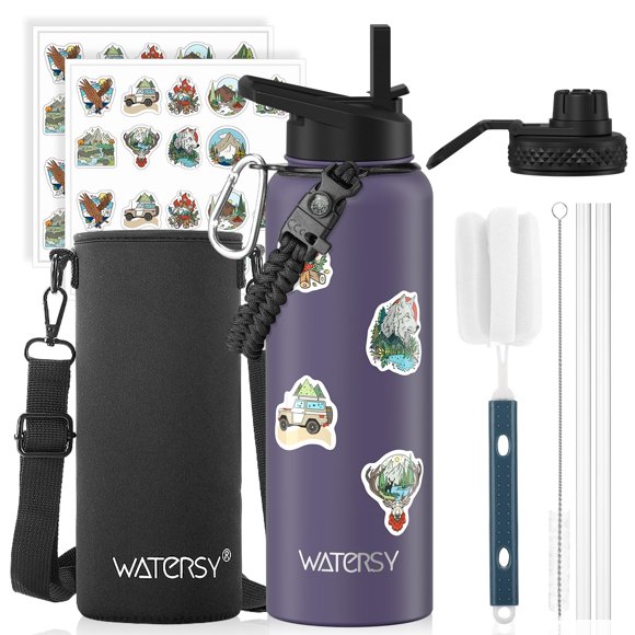 Botella de agua Watersy 1200 ml aislada con pajilla – púrpura