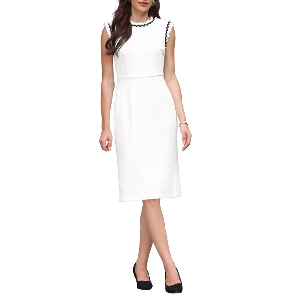 Vestido Tubo con Volantes sin Mangas 2026 de INSPIRE CHIC para Mujer, Vestidos de Oficina de Color Contrastante L Blanco