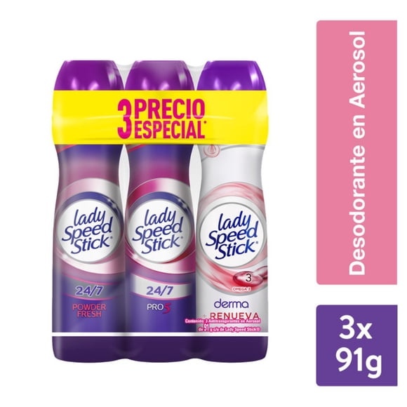 Desodorante Spray Lady Speed Stick Derma Omega Powder Fresh Mujer, 3 Un 150 ml c/u