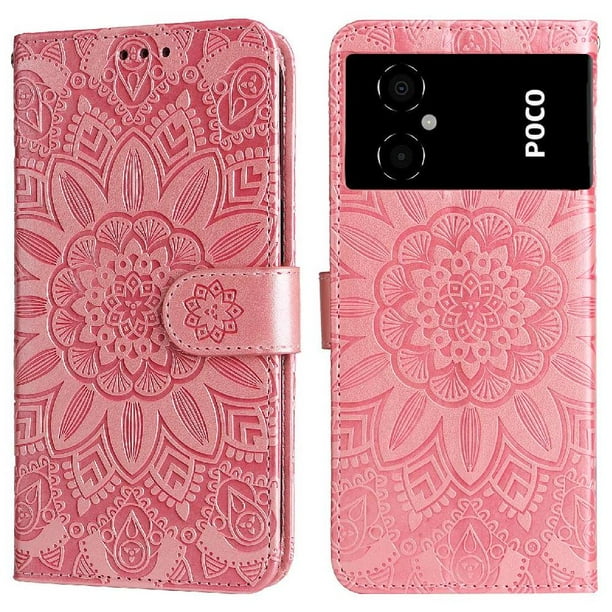 Funda tipo cartera FOXDOCK para Xiaomi Poco M5 4G , diseño girasol en relieve, cuero PU, cierre magnético, soporte y tarjetero