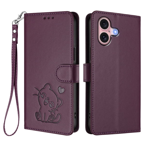 Funda Volteable con Diseño de Gato para iPhone 16, Morado Oscuro