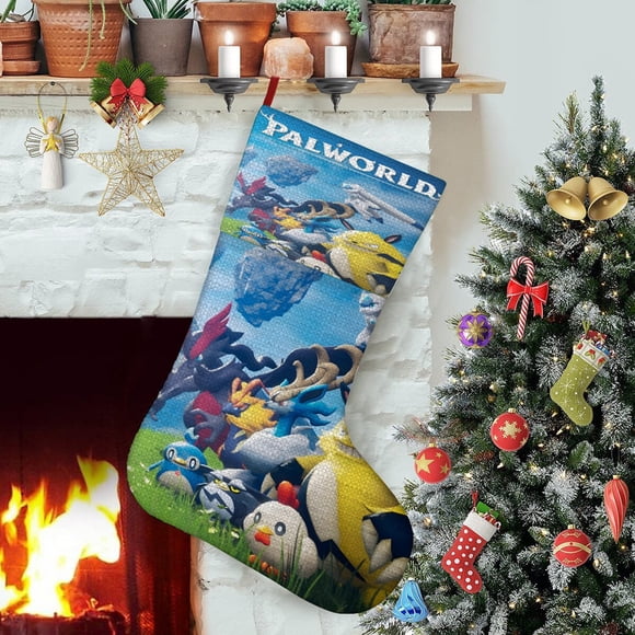Palworld Tema: Calcetines de Navidad, fino lino blanco para colgar en escaleras y chimenea, decoración navideña para el hogar, regalo de Navidad. 45cm × 32cm