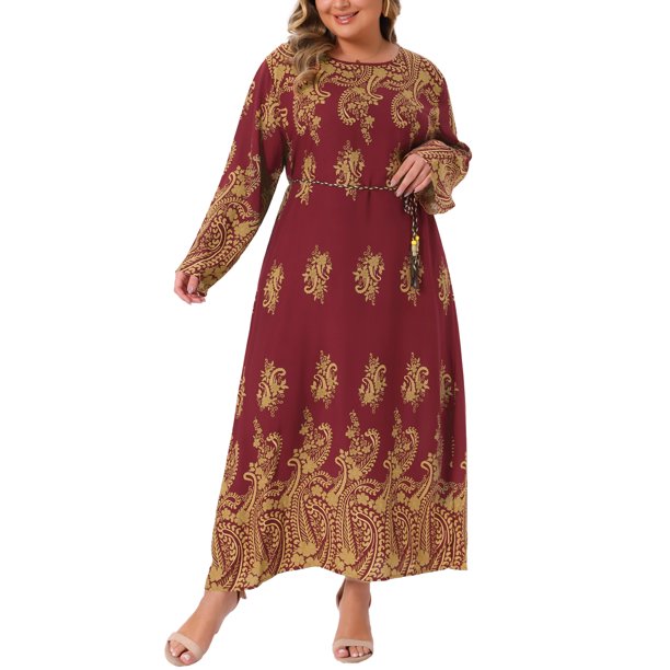 Agnes Orinda Vestido Maxi Boho de Talla Grande para Mujer, Estilo Escolar y Universitario, con Estampado, Cuello Redondo, Manga Larga, Cinturón, Casual, Línea A, Flowy, Talla 3X, Color Burdeos