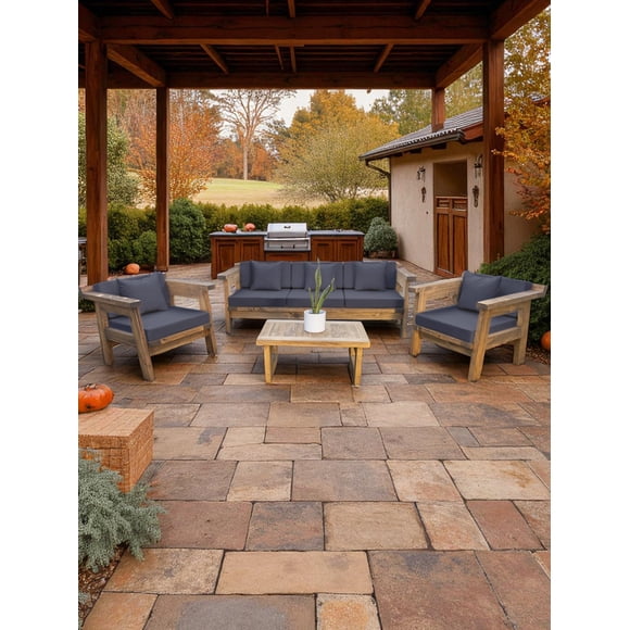 Terraza Rústica Modelo Mariand 5 Cuerpos Madera Color Roble Cojinería Gris Oscuro