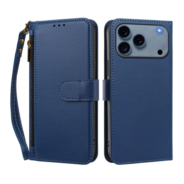 Funda Tipo Billetera para iphone17 Promax con Soporte y Bolsillo con Cierre Azul profundo