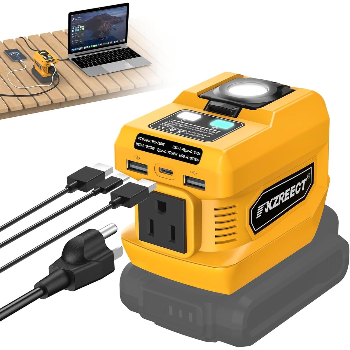 Inversor Kzreect 220w Para Batería Dewalt 20v/18v Usb-c Led