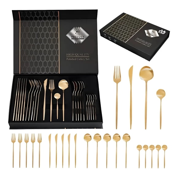 Cubiertos Servicios Set De 24 Pcs Acero Inoxidable Oro Juego De Cubiertos Premium Cuchillo Tenedor Cuchara Maletin FIGOIMPORT