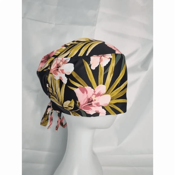 Gorro Clínico Lycra Flores Rosa fondo negro