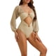 thumbnail image 4 of INSPIRE CHIC Traje de baño de una pieza para mujer con mangas largas, escote pronunciado, panel de malla, control de abdomen y corte alto para playa, caqui, talla extra pequeña, 4 of 5