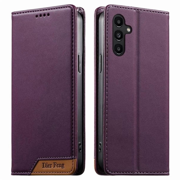 Funda Tipo Cartera de Cuero Sintético para Samsung Galaxy A14 Bloqueo RFID, con Ranuras para Tarjetas y Bolsillo para Efectivo, Cierre Magnético Fuerte Morado
