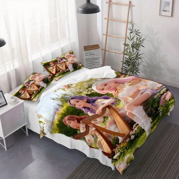 Three-Piece K-pop Girl Group Garden Harp Elegant Concept Art Printed Duvet Cover Set Bedding Set. Suitable for Christmas