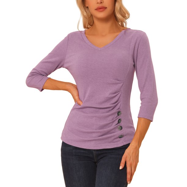 INSPIRE CHIC Blusa Fruncida para Mujer de Regreso a Clases con Botones Decorativos Cuello en V Manga 3/4 Top de Punto Sólido Gris Púrpura L