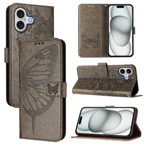 Funda cartera mariposa para iPhone 17 con soporte y ranuras para tarjetas Gris