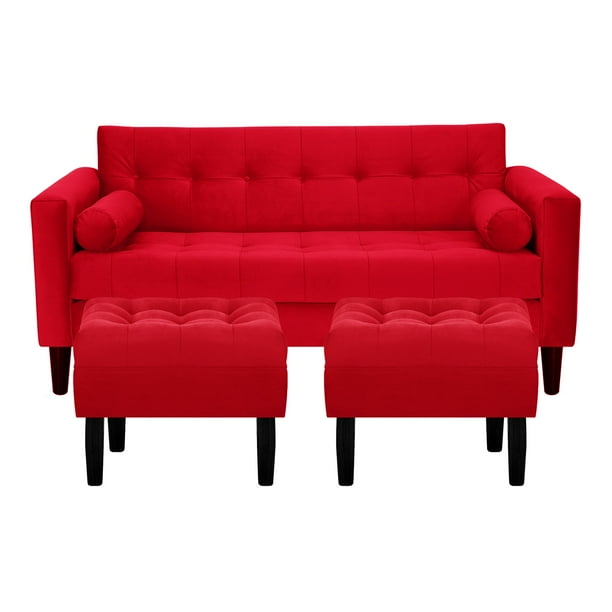 Sofa Retro 3c + 2 Pouf Felpa 00 Rojo