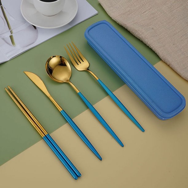 5pcs/set, Cutlery, Coffee Spoon, Salad Fork, Steak Knife, Milk Spoon, Salad Fork, Meal Knife, Portable Chopsticks, Washable Dessert Spoon, Stainless Steel Flatware With Storage Box, Tableware For Rest