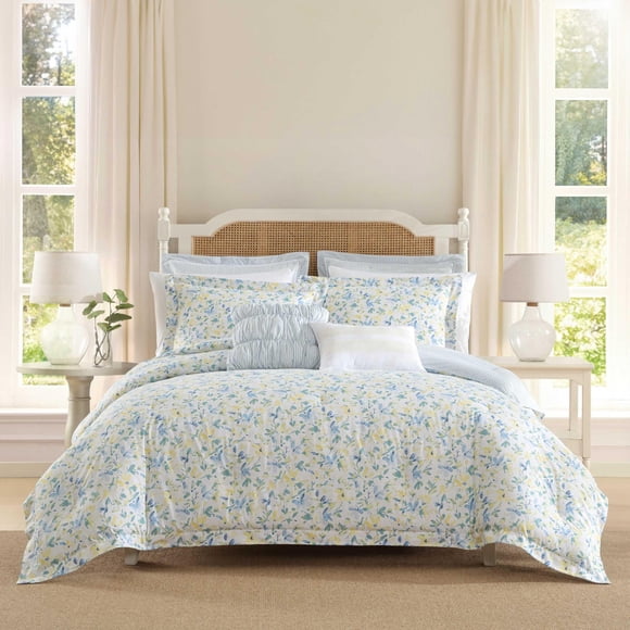 Juego de Edredón Laura Ashley Nora Azul para Cama Individual con Fundas y Almohadas