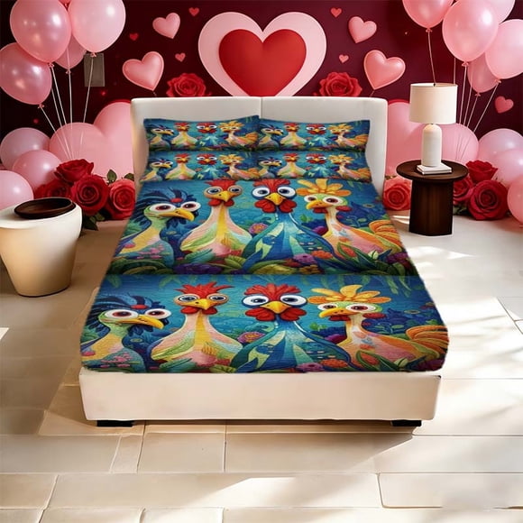 Art Deco Chicken Flock Printed Fitted Sheet Set Including a Soft Fitted Sheet and Two Pillowcases Suitable for All Seasons An Ideal Choice for Home Bedrooms and