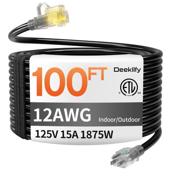 Cable de alimentación Deeklify de 30 m, 12 AWG, impermeable, con extremo iluminado, 125 V