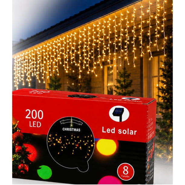 Luces Navideñas Solares Cascadas Exterior 200 Led 6 Metros 8 Funciones, Luz Amarilla Cálida