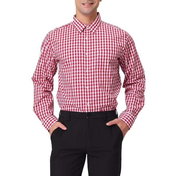 INSPIRE CHIC Camisas de Hombre de Manga Larga a Cuadros con Botones Abajo 100% Algodón Camisa de Vestir L Rojo Blanco