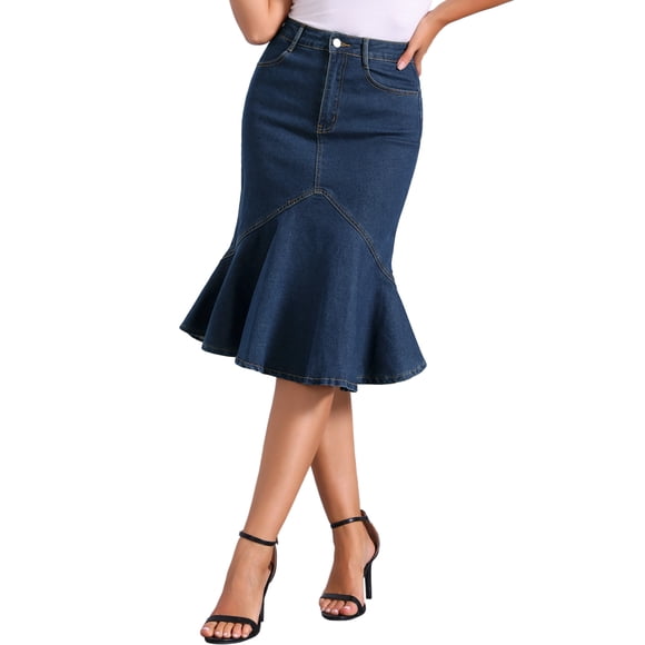 CURVOSPORT Falda de Mezclilla Cola de Pescado para Mujer de Cintura Alta Ajustada con Volantes M Azul Oscuro