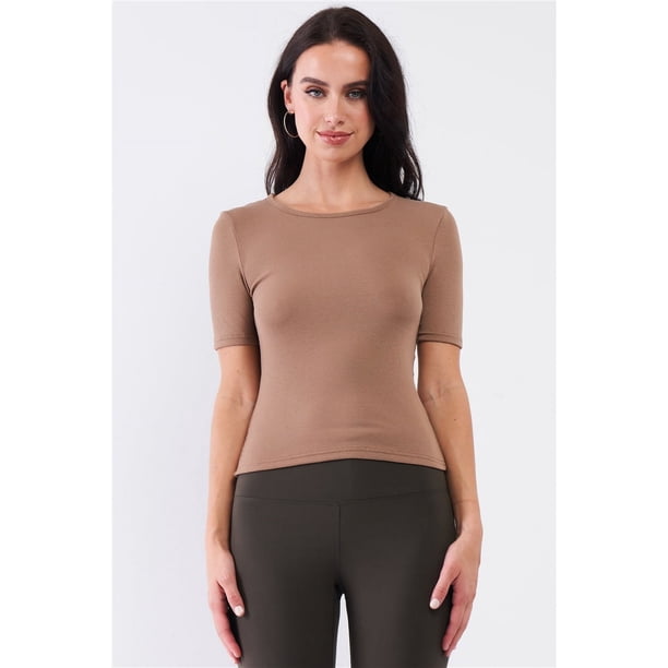 Saronite Top Básico de Manga Corta con Cuello Redondo y Canalé Ligero, Color Moca (para Mujer)
