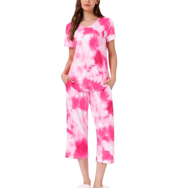 INSPIRE CHIC Conjunto de Pijama de Mujer con Tinte de Corbata, Cuello en V, Manga Corta, Pantalones Capri, Conjunto de Salón con Bolsillos M Rojo Rosado
