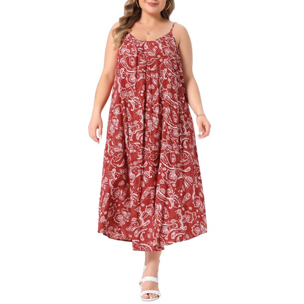 Vestido de Verano Casual de Vacaciones con Estilo Bohemio, Cuello Redondo, Tirantes Finos, Estampado, Flowy, para Mujer de Talla Grande Agnes Orinda, 1X Carmesí
