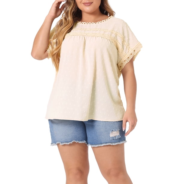 Agnes Orinda Blusas de Talla Grande para Mujer de Chifón con Lunares Suizos, Mangas Cortas, Encaje de Ganchillo, Blusa Plisada 2X Beige