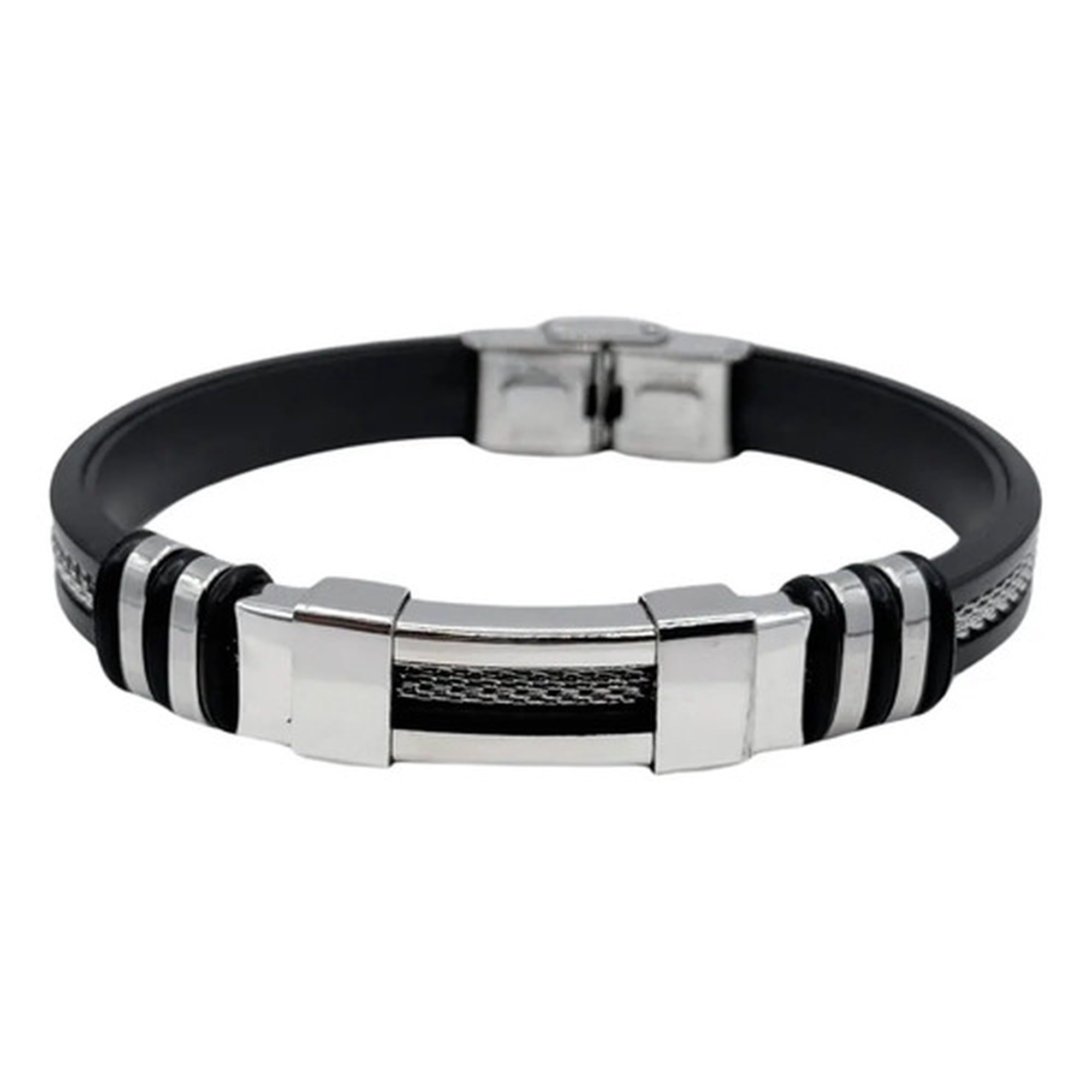 Marca - Pulsera Ecocuero Negro Detalles En Acero Inoxidable, Hombre Negro 8 Cm 22 Cm