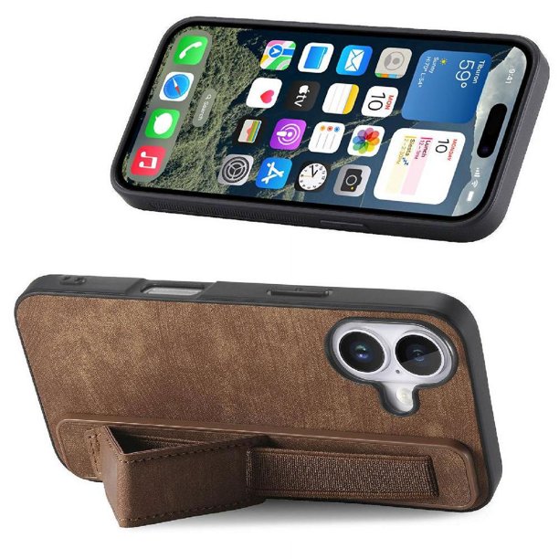 Funda Protectora con Correa para iPhone 16 Resistente a Golpes Marrón